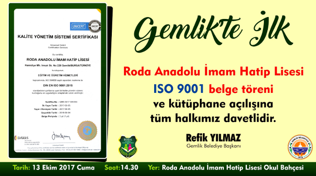 Roda Anadolu İmam Hatip Lisesi İSO 9001 belge töreni ve kütüphane açılışı